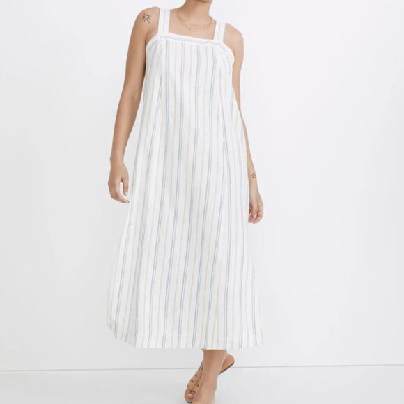 Madewell Linen Cotton Princess Seam Midi Stripe Dress White Blue Button Strap XS - Picture 1 of 10
